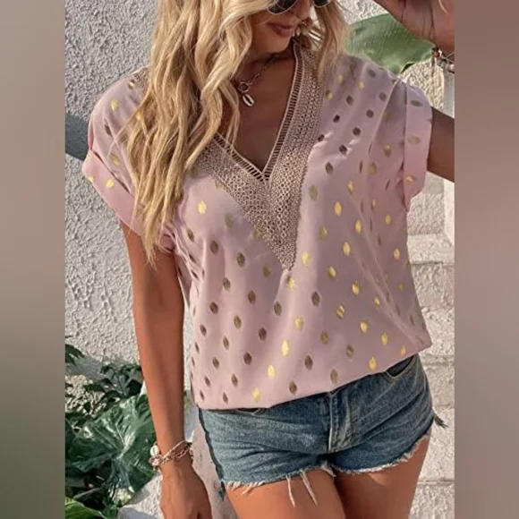 Guipure Lace, Gold Metallic Print, Soft Pink Blouse - Picture 5 of 13